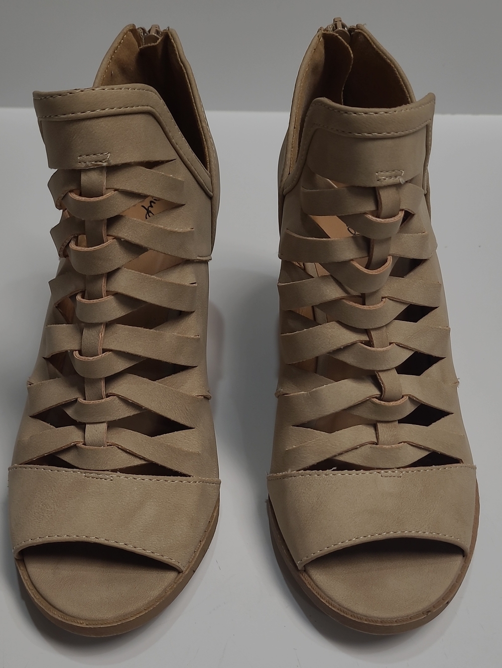 Qupid Open-Toe Lace-Up Heeled Beige Booties - Size 8